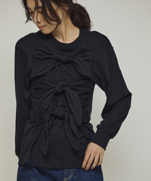 Firsthand（ファーストハンド）の「Firsthand/ファーストハンド オーガニックコットン リボンディティールトップス（Tシャツ/カットソー・レディース・ブラック/ホワイト・FREE）」の2枚目の写真