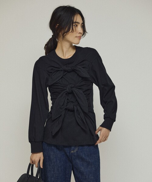 Firsthand（ファーストハンド）の「Firsthand/ファーストハンド オーガニックコットン リボンディティールトップス（Tシャツ/カットソー・レディース・ブラック/ホワイト・FREE）」の3枚目の写真