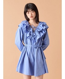 極美品♡ 【ストレッチシフォン】マスタード×ネイビー フリルワンピース サイズ7 極美品♡ 【ストレッチシフォン】マスタード×ネイビー フリル
