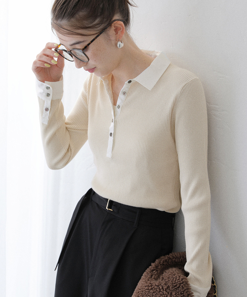 La TOTALITE（ラトータリテ）の「【洗える】襟カフスドッキングニット（ニット/セーター・レディース・ネイビー/ブラウン/アイボリー・FREE）」の2枚目の写真
