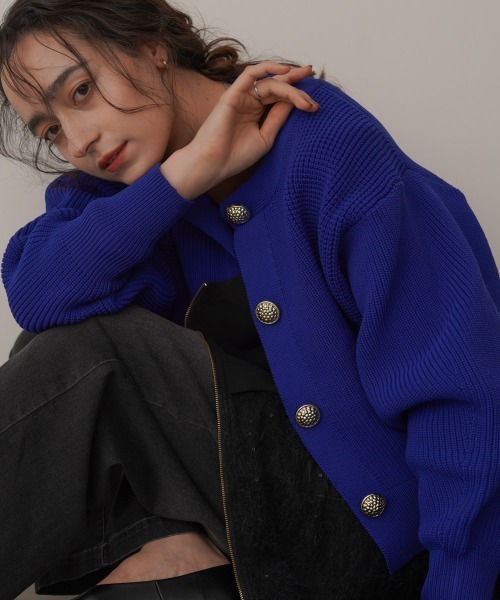 Bou Jeloud(ブージュルード)の「ビッグ釦柄切替カーディガン(カーディガン/ボレロ・レディース・ブラウン/ブルー/ブラック・FREE)」の3枚目の写真
