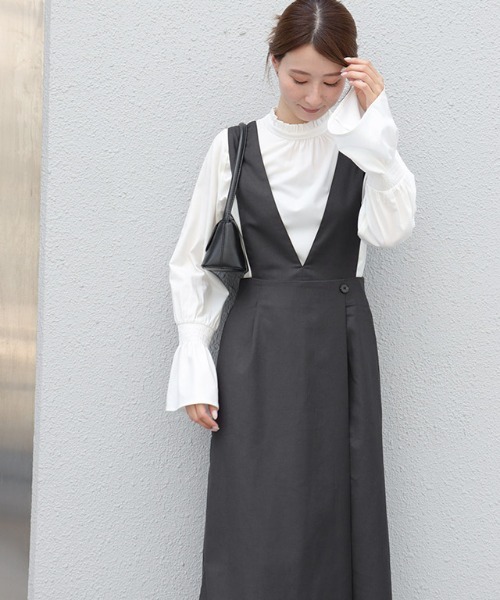Pierrot（ピエロ）の「無地と柄から選べるラップ風ジャンパースカート（ジャンパースカート・レディース・チャコール/ブラウン系その他/ブラック/ブラック系その他・L/M/PL/PM）」の3枚目の写真