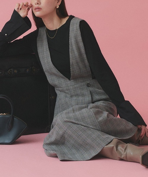 Pierrot（ピエロ）の「無地と柄から選べるラップ風ジャンパースカート（ジャンパースカート・レディース・チャコール/ブラウン系その他/ブラック/ブラック系その他・L/M/PL/PM）」の14枚目の写真