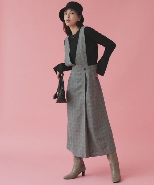 Pierrot（ピエロ）の「無地と柄から選べるラップ風ジャンパースカート（ジャンパースカート・レディース・チャコール/ブラウン系その他/ブラック/ブラック系その他・L/M/PL/PM）」の15枚目の写真