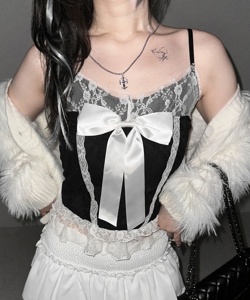 me+em select(ミームセレクト)の「※※【 3color 】フロントサテンリボンレースキャミビスチェ / front satin ribbon lace cami bustier(キャミソール・レディース・ホワイト×ブラック/ブラック/ホワイト・FREE)」の3枚目の写真