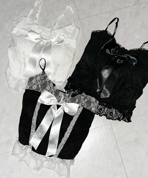 me+em select(ミームセレクト)の「※※【 3color 】フロントサテンリボンレースキャミビスチェ / front satin ribbon lace cami bustier(キャミソール・レディース・ホワイト×ブラック/ブラック/ホワイト・FREE)」の4枚目の写真