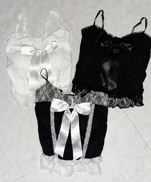 me+em select(ミームセレクト)の「※※【 3color 】フロントサテンリボンレースキャミビスチェ / front satin ribbon lace cami bustier(キャミソール・レディース・ホワイト×ブラック/ブラック/ホワイト・FREE)」の5枚目の写真