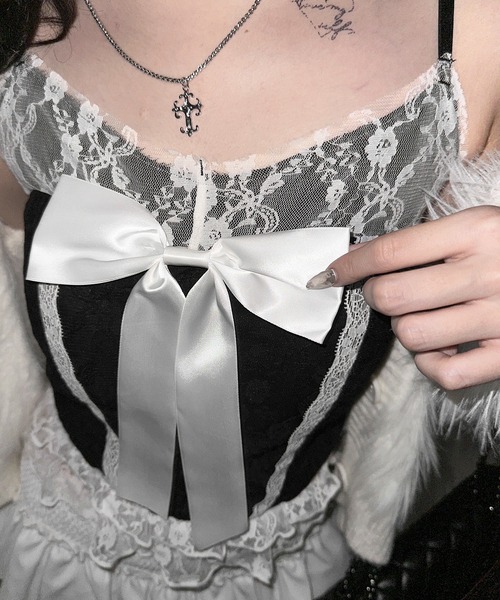 me+em select(ミームセレクト)の「※※【 3color 】フロントサテンリボンレースキャミビスチェ / front satin ribbon lace cami bustier(キャミソール・レディース・ホワイト×ブラック/ブラック/ホワイト・FREE)」の13枚目の写真