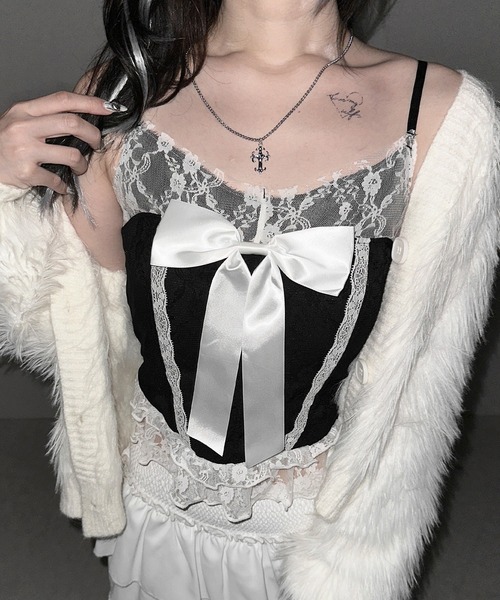 me+em select(ミームセレクト)の「※※【 3color 】フロントサテンリボンレースキャミビスチェ / front satin ribbon lace cami bustier(キャミソール・レディース・ホワイト×ブラック/ブラック/ホワイト・FREE)」の14枚目の写真