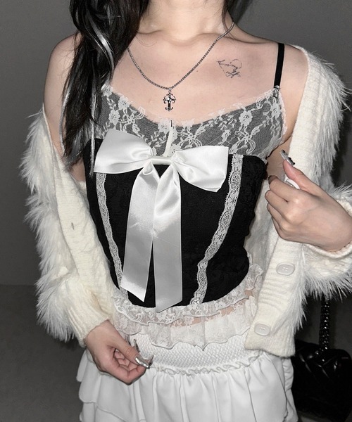 me+em select(ミームセレクト)の「※※【 3color 】フロントサテンリボンレースキャミビスチェ / front satin ribbon lace cami bustier(キャミソール・レディース・ホワイト×ブラック/ブラック/ホワイト・FREE)」の16枚目の写真
