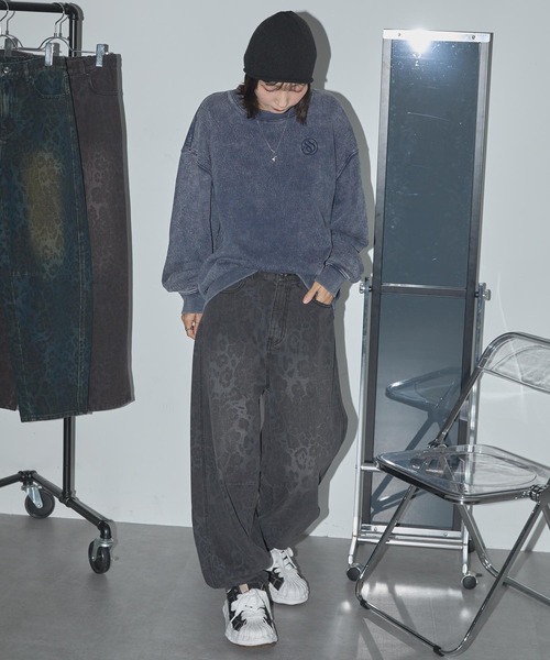 セール】ヴィンテージライクレオパードセミワイドカーブデニムパンツ