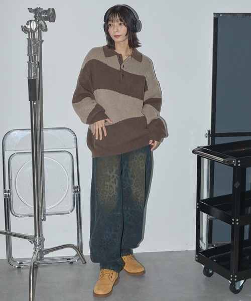 セール】ヴィンテージライクレオパードセミワイドカーブデニムパンツ