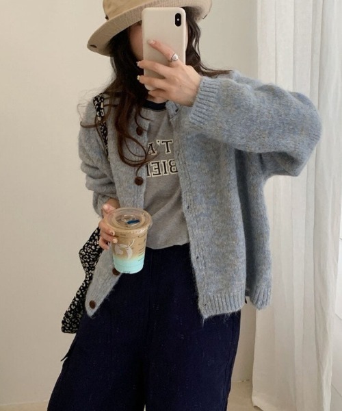 Dream garden(ドリームガーデン)の「ノーカラー モールヤーンミックス ニットカーディガン(Tシャツ/カットソー・レディース・パープル/アッシュブラウン/ブルー・FREE)」の1枚目の写真