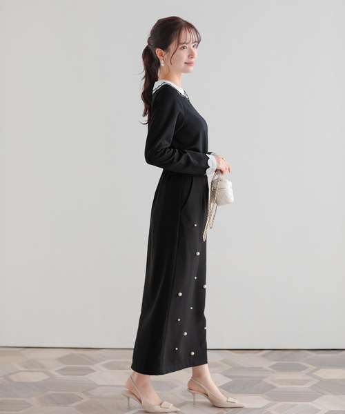 刺繍ダブルカラーレイヤードロングスリーブトップス　フィットモア　ブラック 刺繍ダブルカラーレイヤードロングスリーブトップス（その他トップス