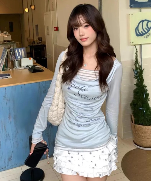 FUNdaysion（ファンデイション）の「プリントレイヤード風トップス（Tシャツ/カットソー・レディース・ライトブルー/ダークグレー・M）」の2枚目の写真