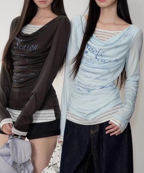FUNdaysion（ファンデイション）の「プリントレイヤード風トップス（Tシャツ/カットソー・レディース・ライトブルー/ダークグレー・M）」の12枚目の写真