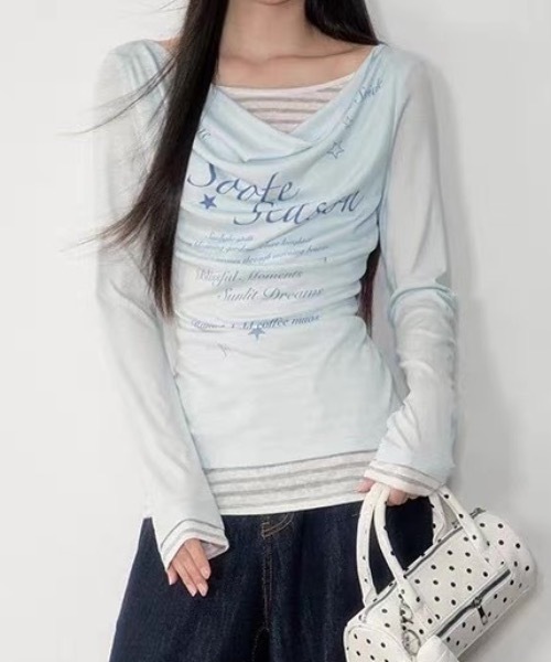 FUNdaysion（ファンデイション）の「プリントレイヤード風トップス（Tシャツ/カットソー・レディース・ライトブルー/ダークグレー・M）」の15枚目の写真