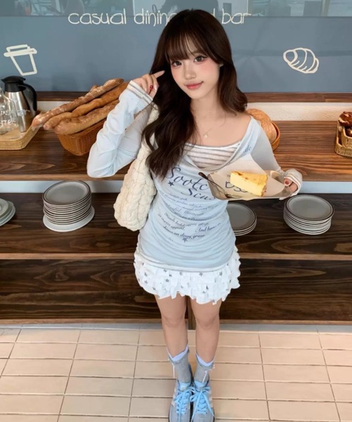 FUNdaysion（ファンデイション）の「プリントレイヤード風トップス（Tシャツ/カットソー・レディース・ライトブルー/ダークグレー・M）」の9枚目の写真