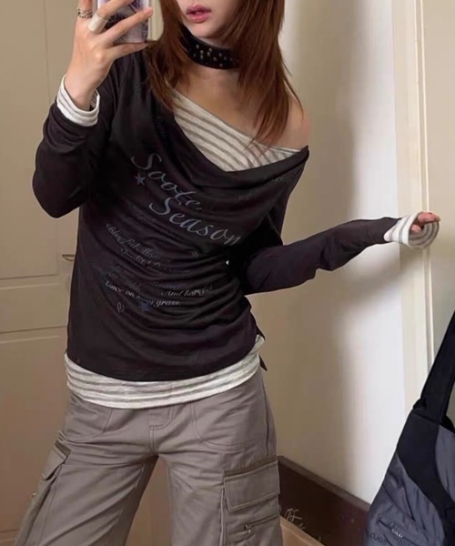 FUNdaysion（ファンデイション）の「プリントレイヤード風トップス（Tシャツ/カットソー・レディース・ライトブルー/ダークグレー・M）」の3枚目の写真