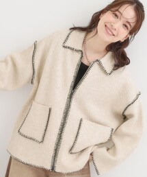 Cutie Blonde | 配色ステッチがポイント 襟付きジップニットカーディガン(カーディガン/ボレロ)