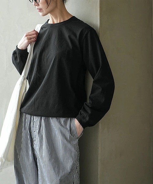 SOLAMONAT(ソラモナ)の「パフ天竺 リブベーシックロンT(Tシャツ/カットソー・レディース・ブラック/ホワイト/杢グレー・M)」の1枚目の写真