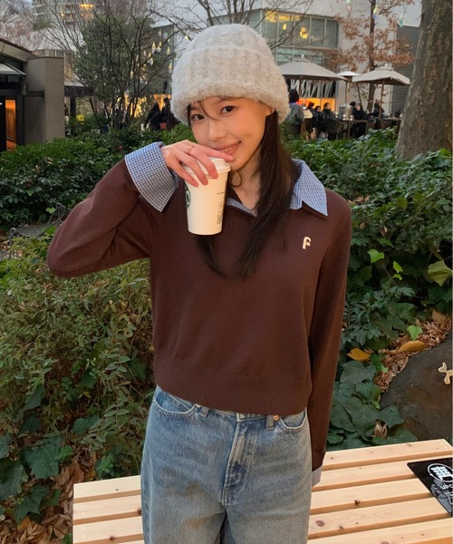 FREE'S MART（フリーズマート）の「衿付きレイヤード風ポロニットⅡ（ニット/セーター・レディース・ネイビー/ブラウン/グレー・FREE）」の4枚目の写真