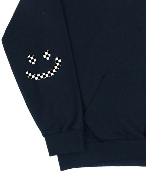 GRAVER（グレーバー）の「[UNISEX]エルボーチェッカーボードドローイングスマイルフードパーカー_ネイビー（パーカー・レディース・ネイビー・SMALL/MEDIUM/LARGE/X-LARGE）」の5枚目の写真
