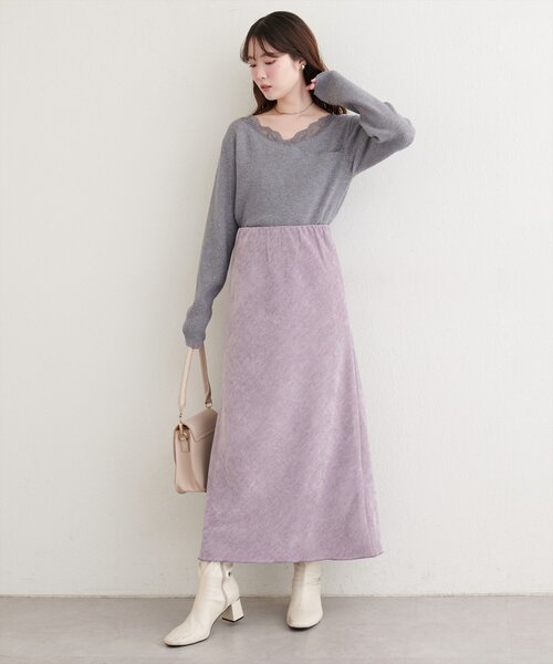 natural couture(ナチュラルクチュール)の「バイアスもやベロアスカート(スカート・レディース・ラベンダー/オフホワイト/ブラック・FREE)」の7枚目の写真