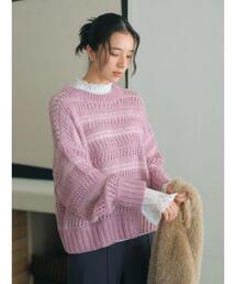 Samansa Mos2 blue | 透かし柄ニットプルオーバー(ニット/セーター)