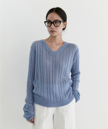 SHEER V-NECK KNIT_DUST BLUE