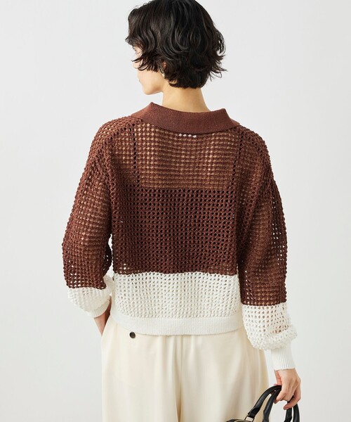 NOLLEY’S(ノーリーズ)の「《手洗い可能》テープメッシュ編ポロプルオーバー(ニット/セーター・レディース・ブラック/ブラウン/イエロー・38)」の2枚目の写真