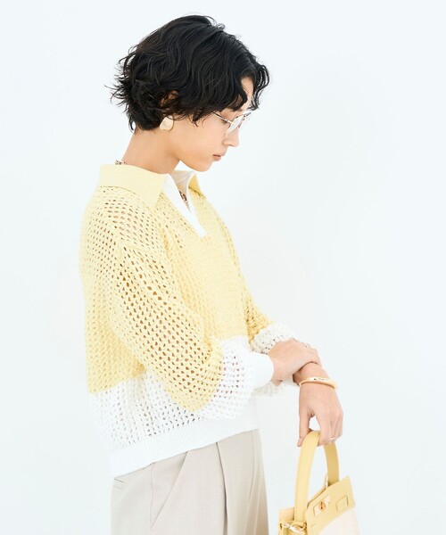 NOLLEY’S(ノーリーズ)の「《手洗い可能》テープメッシュ編ポロプルオーバー(ニット/セーター・レディース・ブラック/ブラウン/イエロー・38)」の3枚目の写真