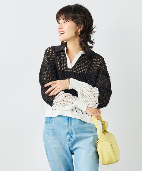 NOLLEY’S(ノーリーズ)の「《手洗い可能》テープメッシュ編ポロプルオーバー(ニット/セーター・レディース・ブラック/ブラウン/イエロー・38)」の1枚目の写真