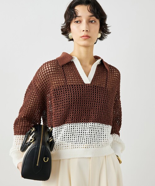 NOLLEY’S(ノーリーズ)の「《手洗い可能》テープメッシュ編ポロプルオーバー(ニット/セーター・レディース・ブラック/ブラウン/イエロー・38)」の15枚目の写真