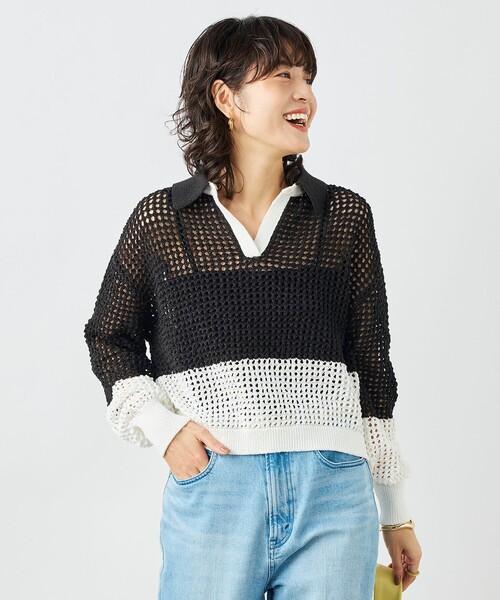 NOLLEY’S(ノーリーズ)の「《手洗い可能》テープメッシュ編ポロプルオーバー(ニット/セーター・レディース・ブラック/ブラウン/イエロー・38)」の4枚目の写真