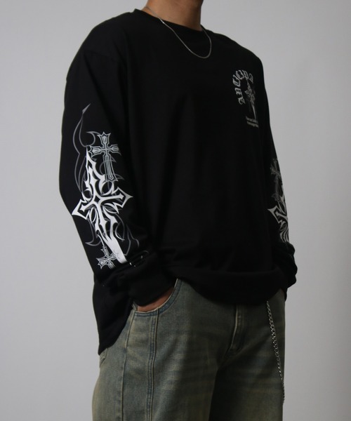 NYLAUS（ナイラス）の「【NYS】オールドイングリッシュクロスロンT ロングTシャツ 長袖Tシャツ クロスプリント ロゴロンT（Tシャツ/カットソー・メンズ・ブラック/ブラック系その他/ホワイト・M/L）」の22枚目の写真
