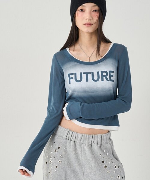 WHO'S WHO gallery(フーズフーギャラリー)の「SPRAY LOGO SHEER LAYERED TOPS(Tシャツ/カットソー・レディース・ホワイト/ブラック/グレー/ネイビー/イエロー・FREE)」の4枚目の写真