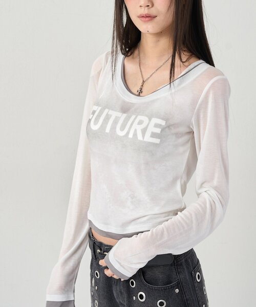 WHO'S WHO gallery(フーズフーギャラリー)の「SPRAY LOGO SHEER LAYERED TOPS(Tシャツ/カットソー・レディース・ホワイト/ブラック/グレー/ネイビー/イエロー・FREE)」の7枚目の写真