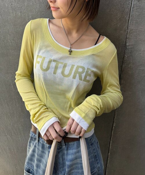 WHO'S WHO gallery(フーズフーギャラリー)の「スプレーロゴレイヤードシアートップス(Tシャツ/カットソー・レディース・ブラック/グレー/ネイビー/イエロー/ホワイト・FREE)」の11枚目の写真