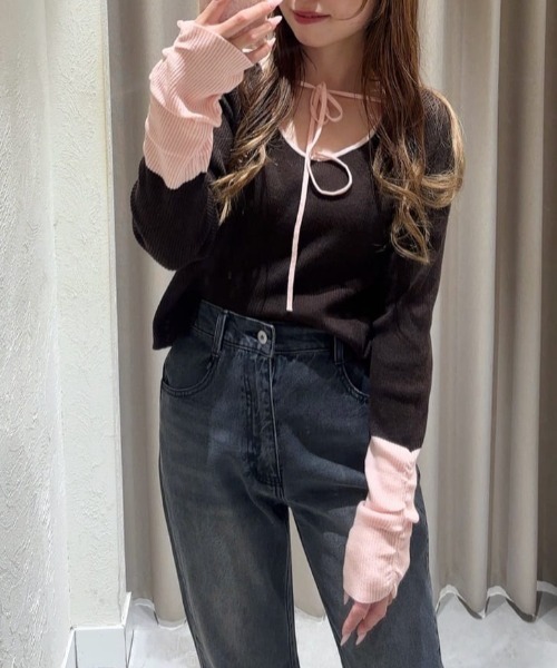 Kastane（カスタネ）の「【4色展開/前後2WAY】バイカラースクエアニット（ニット/セーター・レディース・グレー/アイボリー/ブラウン/ネイビー・FREE）」の3枚目の写真