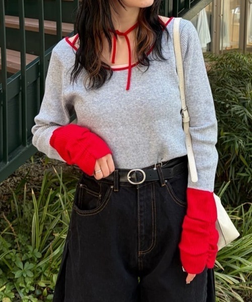 Kastane（カスタネ）の「【4色展開/前後2WAY】バイカラースクエアニット（ニット/セーター・レディース・グレー/アイボリー/ブラウン/ネイビー・FREE）」の2枚目の写真