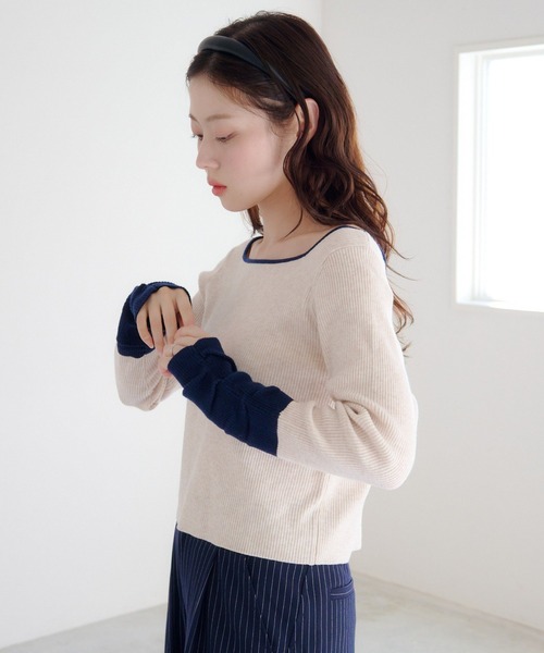 Kastane（カスタネ）の「【4色展開/前後2WAY】バイカラースクエアニット（ニット/セーター・レディース・グレー/アイボリー/ブラウン/ネイビー・FREE）」の18枚目の写真