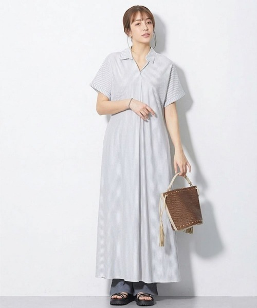 slattgir(スラットジール)の「高身長 美ラクRUタッチシャツワンピース(接触冷感・抗菌防臭・UVカット・遮熱)(トールサイズ)(ワンピース・レディース・ブラック/チャコールグレー/ストライプ・4L~5L/LL~3L/M~L)」の3枚目の写真