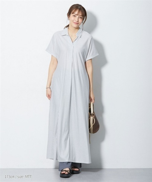 slattgir(スラットジール)の「高身長 美ラクRUタッチシャツワンピース(接触冷感・抗菌防臭・UVカット・遮熱)(トールサイズ)(ワンピース・レディース・ブラック/チャコールグレー/ストライプ・4L~5L/LL~3L/M~L)」の8枚目の写真