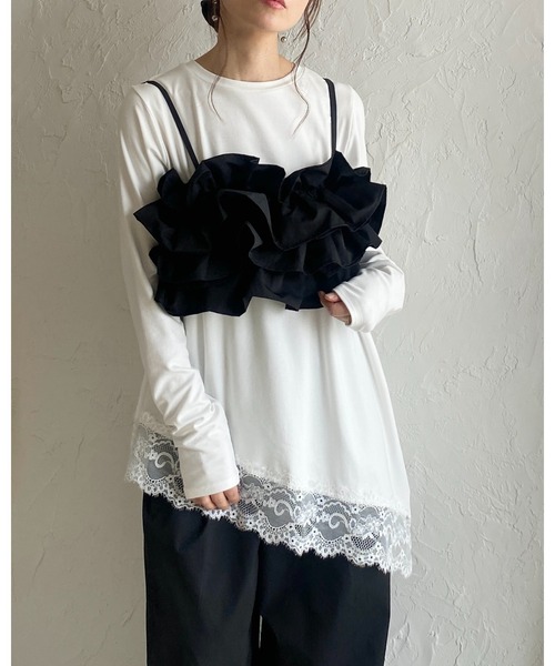 She's Closet(シーズクローゼット)の「ボリューム フリル ビスチェ キャミソール / レイヤードトップス(キャミソール・レディース・アイボリー/ブラック・FREE)」の7枚目の写真