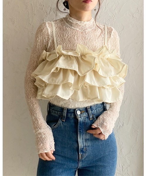 She's Closet(シーズクローゼット)の「ボリューム フリル ビスチェ キャミソール / レイヤードトップス(キャミソール・レディース・アイボリー/ブラック・FREE)」の8枚目の写真