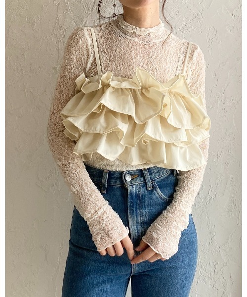 She's Closet(シーズクローゼット)の「ボリューム フリル ビスチェ キャミソール / レイヤードトップス(キャミソール・レディース・アイボリー/ブラック・FREE)」の9枚目の写真