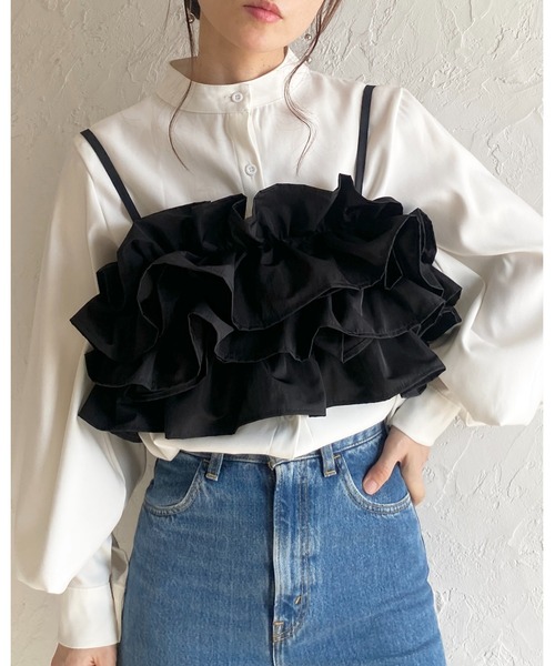 She's Closet(シーズクローゼット)の「ボリューム フリル ビスチェ キャミソール / レイヤードトップス(キャミソール・レディース・アイボリー/ブラック・FREE)」の20枚目の写真