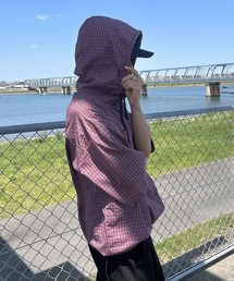 【ユニセックス】チェックシャツ半袖パーカー