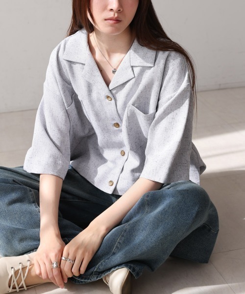 Bab（バブ）の「オープンカラーハーフスリーブシャツ（シャツ/ブラウス・レディース・ブルー/ライトグレー/ベージュ・MEDIUM）」の7枚目の写真